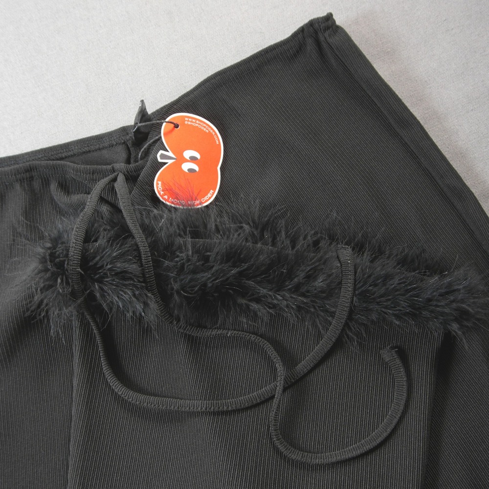 Y2K Cider Ribbed Faux Fur Trim Drawstring Women Flare Pants L Black Retro